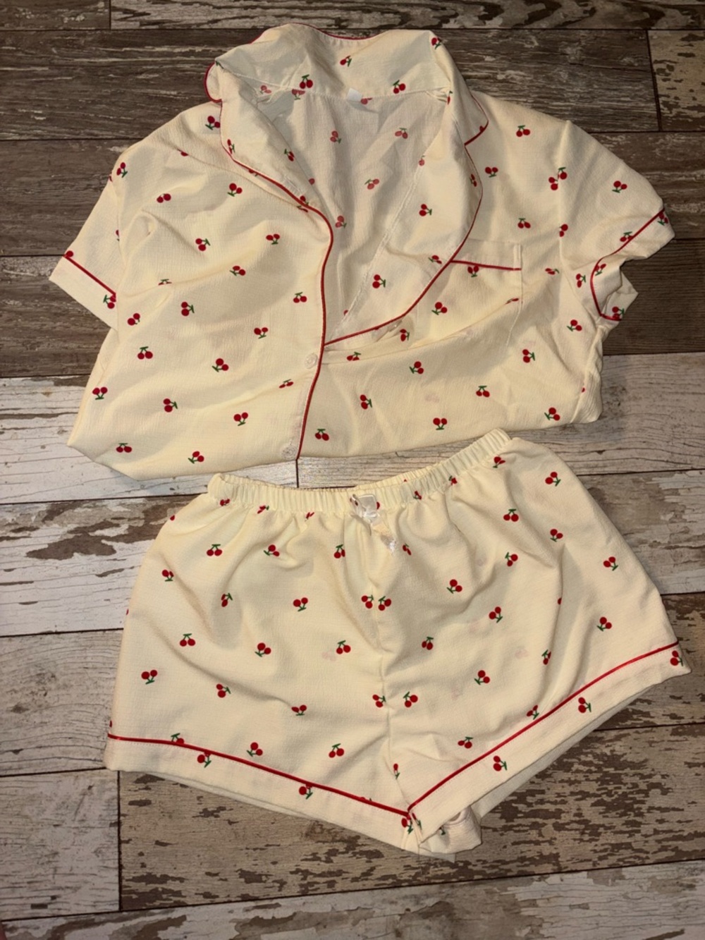 Women’s Cream Cherry Print Short Pajama Set with Red Piping